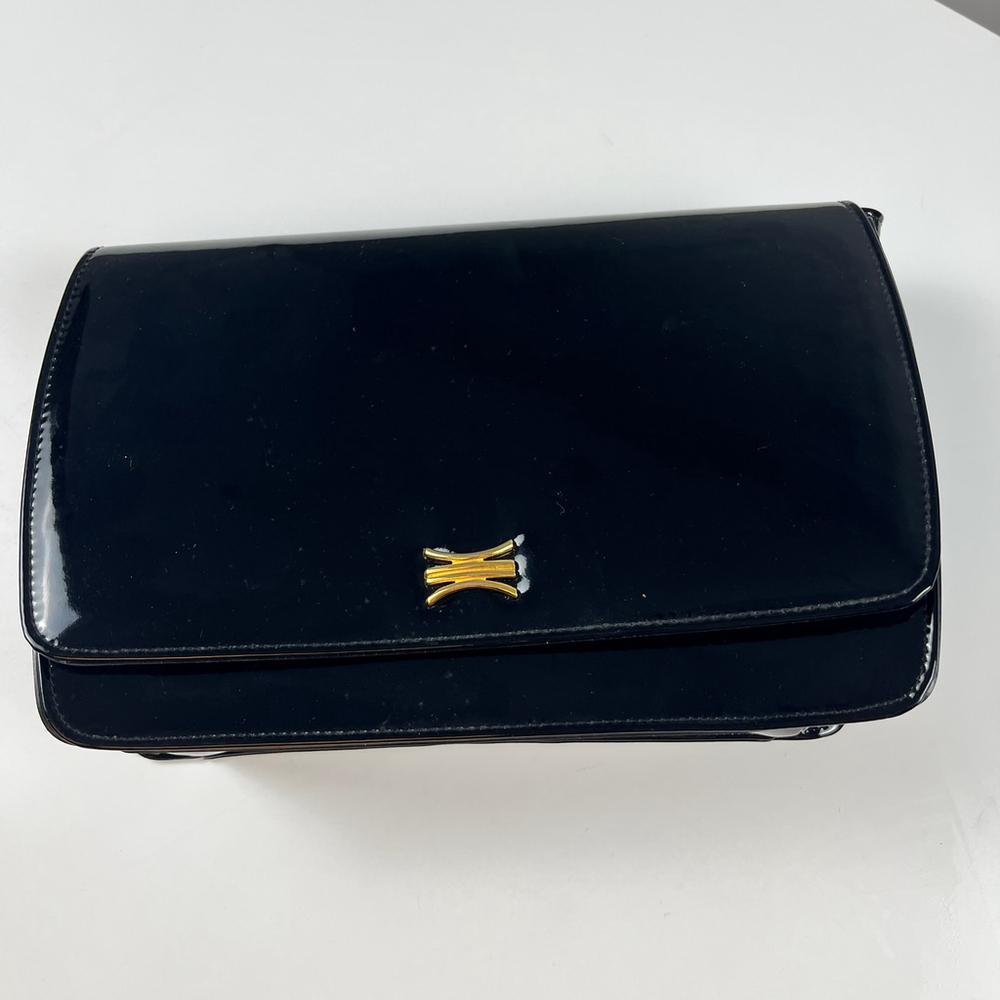 Vintage Shoulder Evening Clutch Bag Patent Leather Black